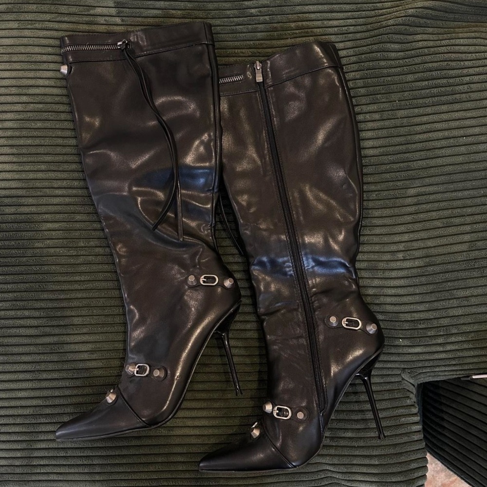 black leather knee high boots